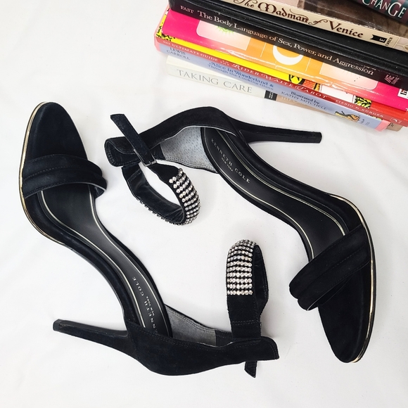 Kenneth Cole Black Suede Rhinestone Ankle Strap 4.75 inch High Heels Size 8 - Picture 10 of 14